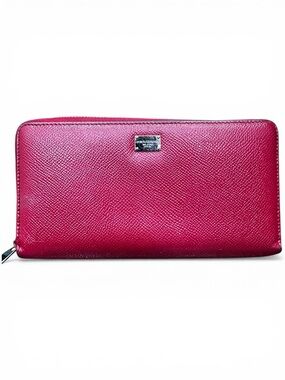 Dolce & Gabbana Red Saffiano Leather Zip Around Wallet Logo Plaque